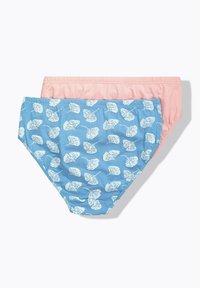 Due coppie di perizoma da donna: una di colore azzurro chiaro con motivi a foglia bianchi e l'altra solidale rosa, entrambe realizzate in tessuto morbido e liscio.