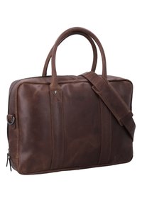 Brown leather laptop bag featuring two top handles, adjustable shoulder strap, and a zip closure. Textured surface with stitching details.