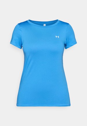Blue short-sleeve athletic shirt with crew neck and small white Under Armour logo on the upper chest.