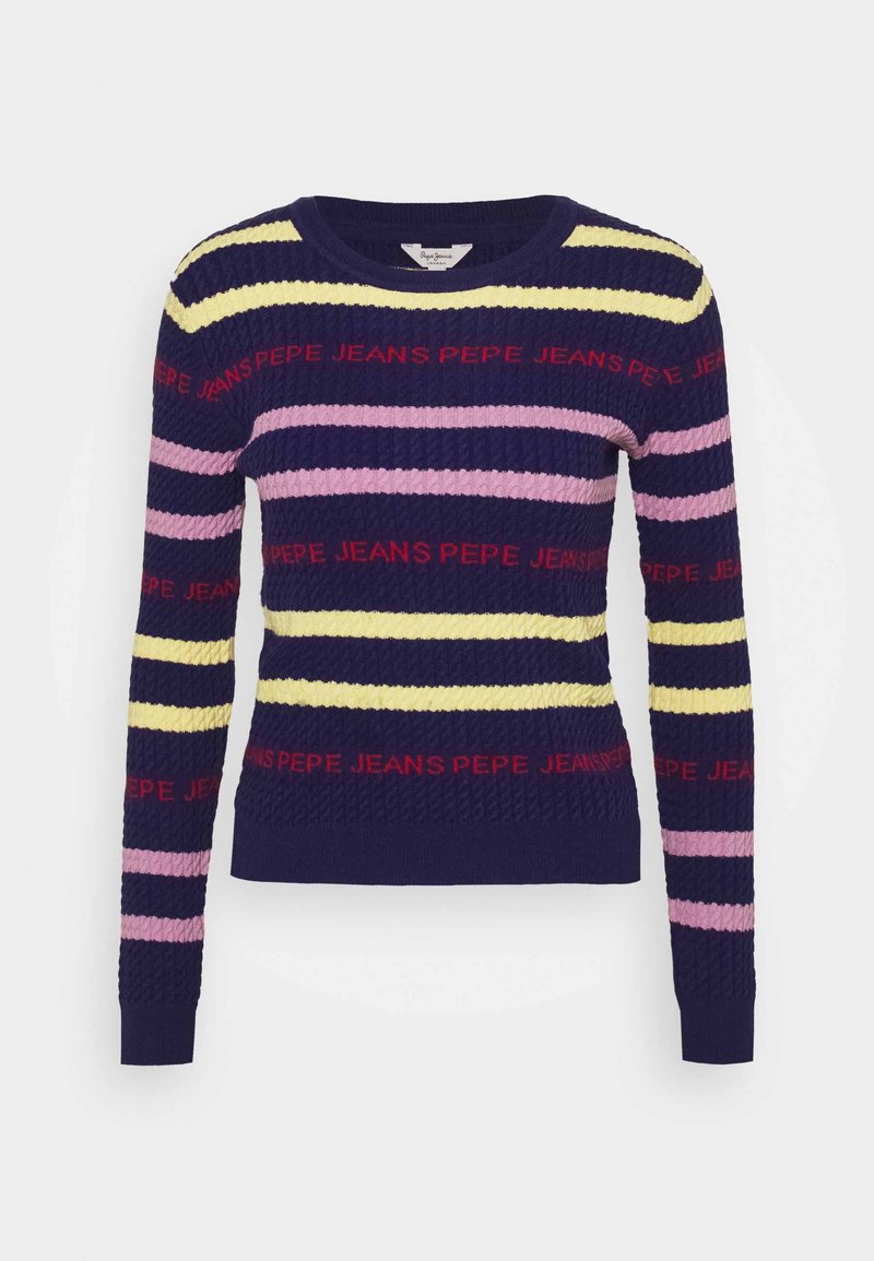 Pull en maille bleu marine avec des rayures jaunes et roses, avec le texte rouge « PEPE JEANS » répété sur la poitrine et les manches.