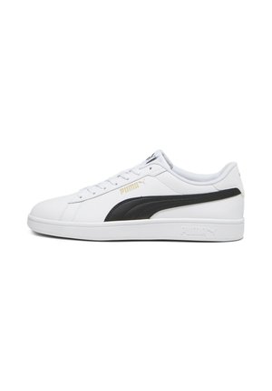 White low-top Puma sneaker with black side stripe, lace-up design, and embossed logo on the sole, shown in side profile.
