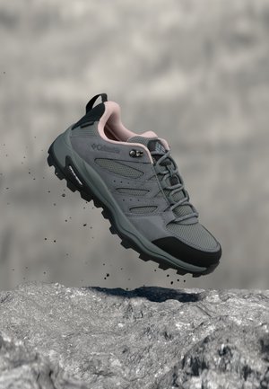 Grauer und rosa Columbia-Wanderschuh mit grober Sohle, schwebend über felsigem Gelände, umgeben von kleinen herabfallenden Partikeln.