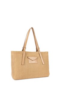 Borsa tote intrecciata in tonalità tan con dettagli in pelle, forma rettangolare, doppi manici e tasca frontale per una conservazione sicura. Superficie con dettagli testurizzati.