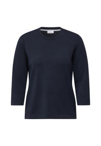 Navy-blaues Langarmshirt mit Rundhalsausschnitt aus Baumwolle, das eine glatte Textur und ein einfaches Design aufweist, ohne sichtbare Muster oder Beschläge.