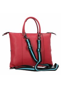 Borsa a tracolla rossa in pelle con superficie texturizzata, doppi manici e tracolla regolabile con strisce nere e turchesi.