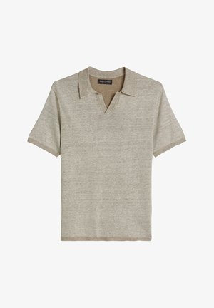 Beige short-sleeve knit polo shirt with open V-neck collar, ribbed edges, and Marc O’Polo brand label inside collar.