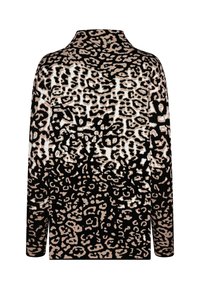 Pullover mit Leopardenmuster in Schwarz, Creme und hellem Braun. Verfügt über einen hohen Halsausschnitt und lange Ärmel aus weichem, strukturiertem Stoff.