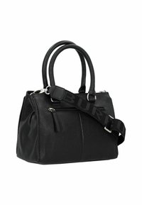 Borsa a mano in pelle nera con superficie testurizzata, doppi manici superiori, tracolla regolabile con logo e scomparto con zip.