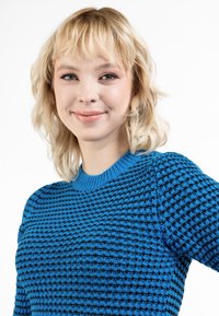 Pulover tricotat albastru cu un model texturat, având o guler rotund și manșete ribbed. Designul include secțiuni alternative de albastru și negru.