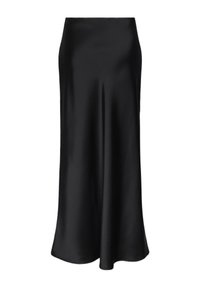 Gonna midi nera in satin con una texture liscia, vita aderente e silhouette a trapezio, caratterizzata da una leggera lucentezza lungo tutta la sua lunghezza.
