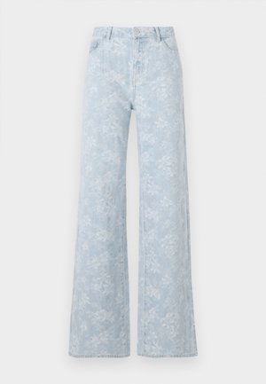 Light blue floral-patterned wide-leg jeans made of denim with a high waist, featuring front pockets and a button closure.
