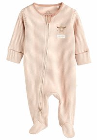Body neonato a righe in morbido tessuto rosa, con zip frontale, maniche lunghe, design con piedini e un adorabile ricamo di una mucca.