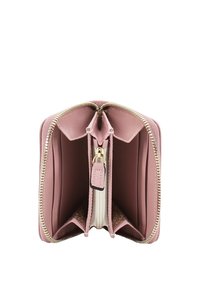 Pink leather wallet featuring gold zip closure, three compartments, and a textured interior. Compact design with a smooth finish.