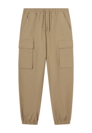 Beżowe spodnie cargo z elastycznym paskiem w talii, ściągaczami na mankietach oraz dwoma bocznymi kieszeniami z klapkami. Wykonane z lekkiego, gładkiego materiału.