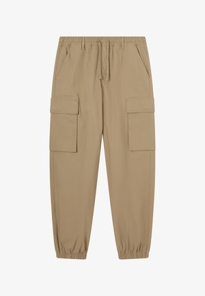 Beżowe spodnie cargo z elastycznym paskiem w talii, ściągaczami na mankietach oraz dwoma bocznymi kieszeniami z klapkami. Wykonane z lekkiego, gładkiego materiału.