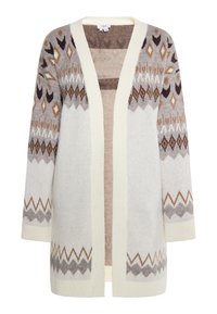 Knopflose, offenere Strickjacke in Creme, mit einem geometrischen Muster in Braun, Beige und Grau. Lange Ärmel und weiche Textur.