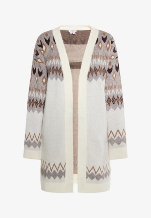Knopenloze, open voor cardigan in crème, met een geometrisch patroon in bruin, beige en grijs. Lange mouwen en zachte textuur.