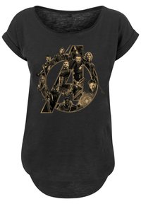 Black t-shirt with a loose neckline, featuring a gold graphic of multiple superhero figures arranged around the "A" logo in the center.