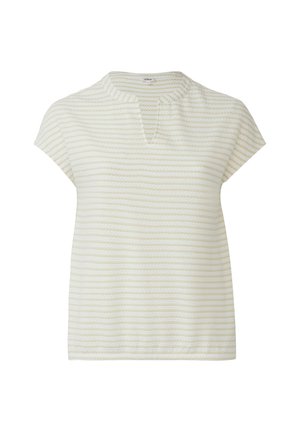 Haut en tricot à rayures crème et beige à manches courtes, avec un col rond en forme de découpe et une coupe décontractée.