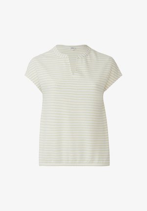 Korte mouwen crèmekleurige en beige gestreepte gebreide top met een ronde uitsnijding en een ontspannen pasvorm.