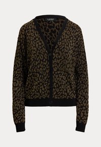 Čierny kardigán so zlatým leopardím vzorom, s výstrihom do V, gombíkovým zapínaním, dlhými rukávmi a rebrovanými manžetami a spodným lemom.