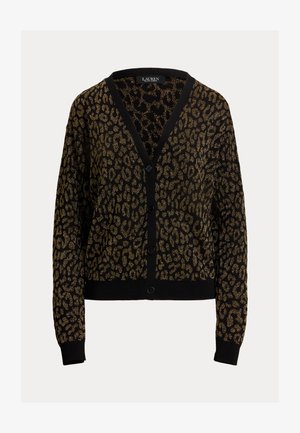 Zwarte cardigan met gouden luipaardprint, met een V-hals, knoopsluiting, lange mouwen en ribgebreide boorden en zoom.