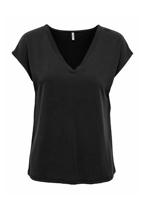 T-shirt noir à manches courtes en V, en mélange de coton doux, coupe décontractée, ourlet cousu, design minimal, sans logos ni motifs visibles.