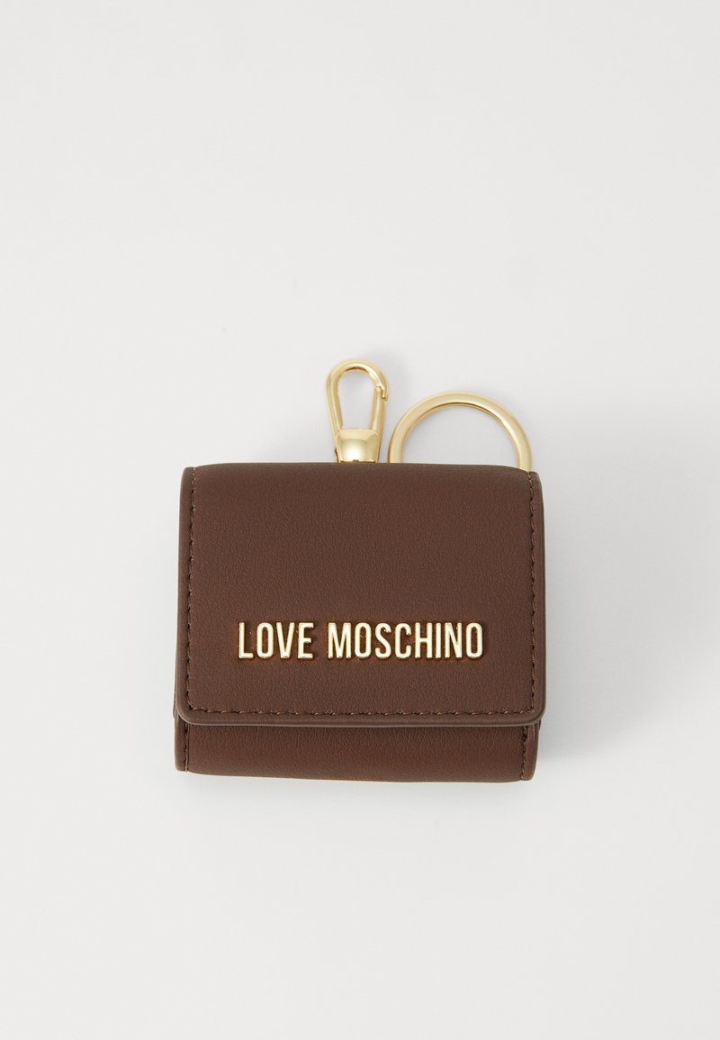 Brown faux leather keychain wallet with gold hardware, featuring the logo "LOVE MOSCHINO" embossed on the front. Compact rectangular design.