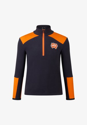 Pull de polaire marine avec accents orange, col zippé à mi-hauteur et détail du logo sur la poitrine. Les manches longues présentent des poignets orange contrastants.