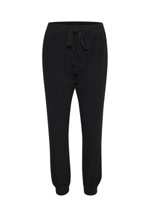 Pantaloni negri tip jogger, cu talie elastică, șnur de ajustare, buzunare aplicate în față și manșete elastice la glezne.