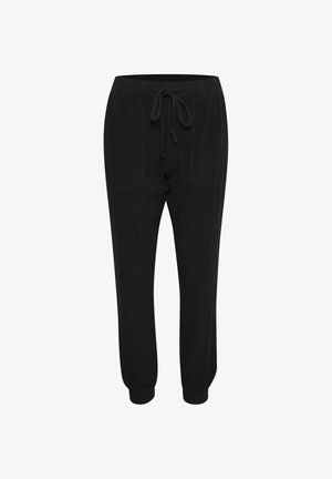 Pantaloni negri tip jogger, cu talie elastică, șnur de ajustare, buzunare aplicate în față și manșete elastice la glezne.