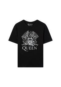 T-shirt in cotone nero con una grafica bianca che raffigura un'aquila, leoni, una corona e la parola "QUEEN" in carattere grassetto. Maniche corte, collo tondo.
