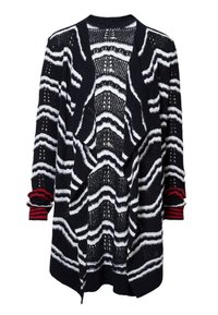 Cardigan lavorato a maglia con motivo a onde in blu navy e bianco, con accenti rossi sui polsini, apertura frontale e vestibilità comoda.