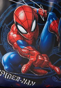 Spider-Man graphic featuring a red and blue superhero in a web, with large white eyes and detailed webbing on the suit, set against a dark background.