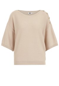 Beige stickad tröja med avslappnad passform, bred båtformad halsringning, korta ärmar och dekorativa knappar på vänster axel. Ribbad nederkant.