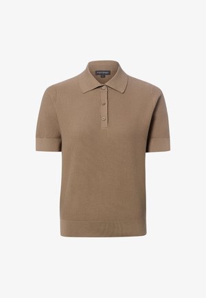 Polo marrone a maniche corte in maglia con tre bottoni anteriori e orlo a coste, taglia small etichettata da Franco Callegari.