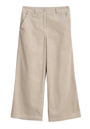 Beige Corduroy-Hosen mit weitem Bein und strukturiertem Muster, ausgestattet mit zwei Vordertaschen und einem einzigen Knopfverschluss.