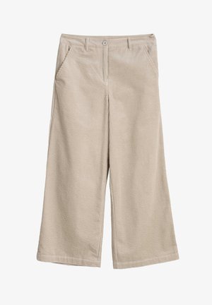 Beige kostimirane široke hlače s teksturiranim uzorkom, s dva prednja džepa i jednim patentnim zatvaračem.