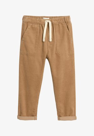 Bruine corduroy broek met een zachte textuur, elastische tailleband en crèmekleurige drawstring. Beschikt over twee zijzakken en omgeslagen manchetten.