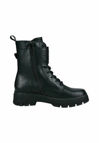 Schwarze Stiefeletten aus Kunstleder mit seitlichem Reißverschluss, schnürbarem Vorderteil, Gummisohle, dekorativen Nieten und strukturiertem Absatz.