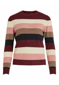 Gebreide trui met een ronde hals en lange mouwen, met horizontale strepen in bordeauxrood, roze, crème, bruin en marineblauw.
