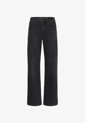 Mustad kõrge vöökohaga laiapõlve teksad ees taskute ja vööaasadega, valmistatud teksakangast.