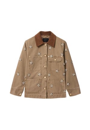 Καφέ μπουφάν με σκούρο καφέ γιακά, κουμπιά μπροστά, τέσσερις τσέπες και μικρή λευκή κεντητή λουλουδένια διακόσμηση διασκορπισμένη στο ύφασμα.