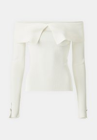 Schulterfreies, figurbetontes Oberteil aus cremefarbenem, geripptem Strickstoff mit langen Ärmeln; verfügt über einen verdrehten Ausschnitt und Knopfdetails an den Ärmelbündchen.