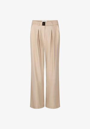 Beige, hoge taille, wijde broekspijpen met riem, voorplooien, zijzakken en een glanzende rechthoekige gesp.