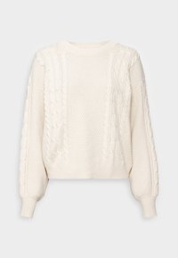Krémový svetr s copánkovým vzorem, rovným střihem, kulatým výstřihem a strukturovaným pletením, s žebrovanými manžetami a lemem.
