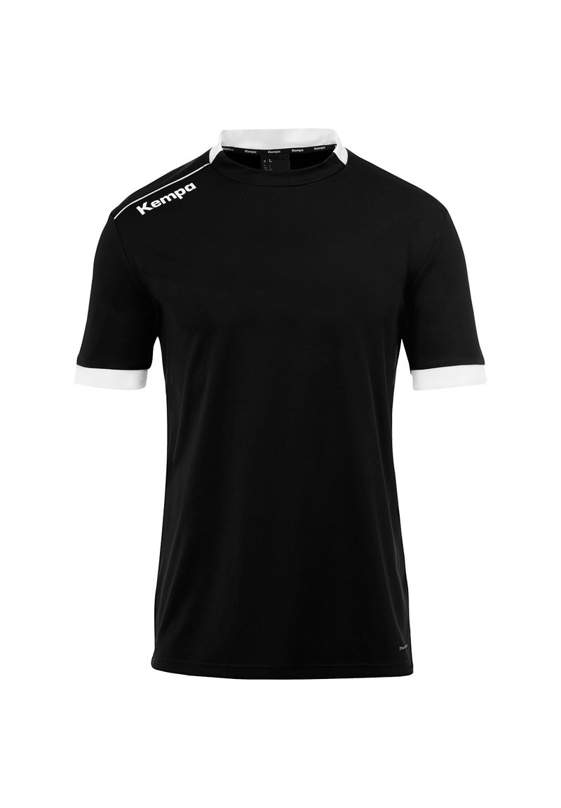 Schwarzes Kurzarm-Sportshirt mit weißem Kragen und Bündchen, das ein Logo auf der Schulter trägt. Hergestellt aus atmungsaktivem Material.