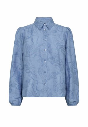 Light blue button-up shirt with a floral pattern, long sleeves, and gathered cuffs, featuring a pointed collar and decorative buttons.