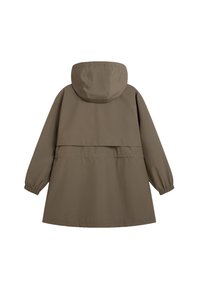 Brown hooded jacket with long sleeves, elastic cuffs, and a cinched waist. Smooth, water-resistant fabric, featuring a back vent for breathability.