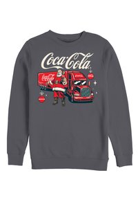 Grauer Sweatshirt mit einem Vintage-Coca-Cola-Design, das einen Weihnachtsmann und einen roten Lieferwagen zeigt. Es hat einen Rundhalsausschnitt und gerippte Bündchen.